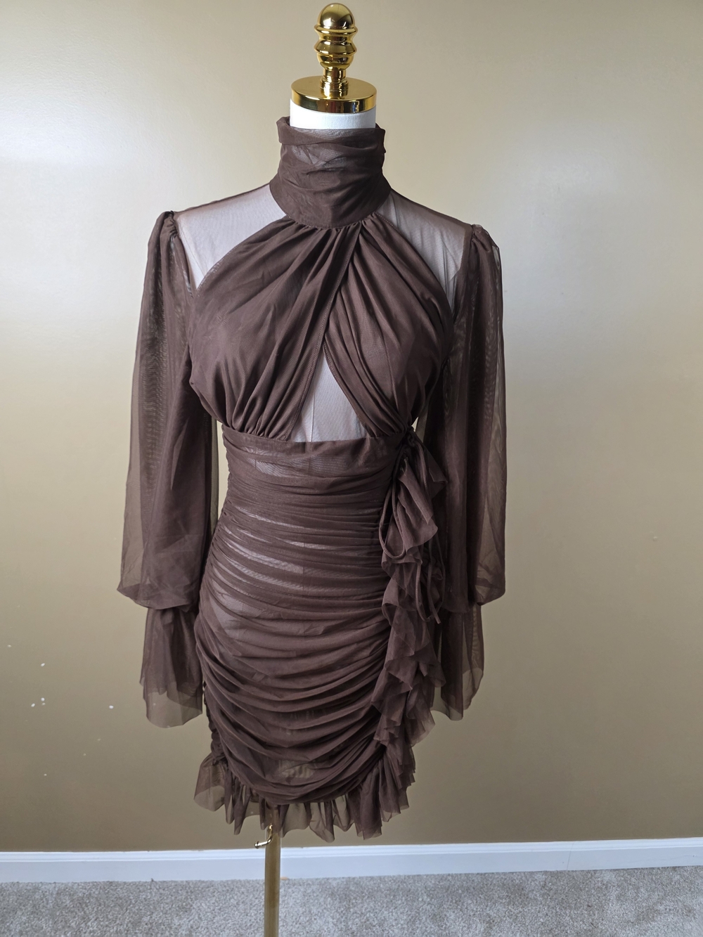 Brown Ruching & Ruffle High-Neck Mini Dress - Picture 2 of 6